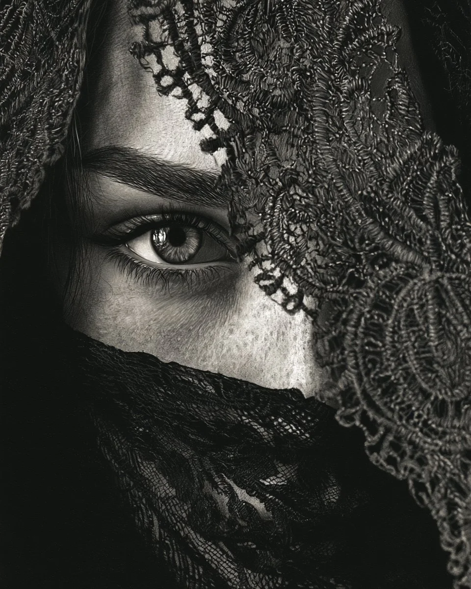 A grayscale charcoal-intensity close-up of a woman’s eye partly veiled by lace, with high-detail texture.