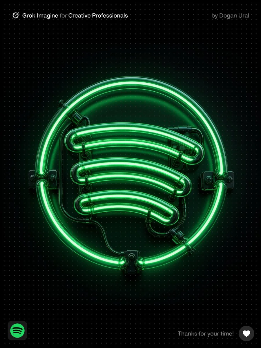 A premium 3D neon Spotify logo sign made from bright green glowing tubes on a pure black dotted background, with realistic tubing, mounts, cables, bloom, and commercial signage styling.