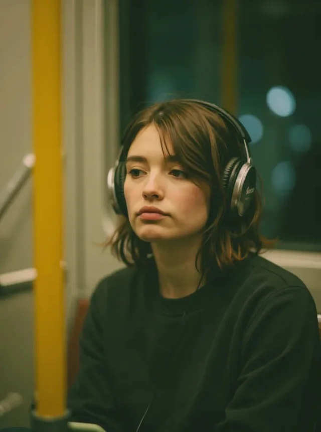 A photorealistic cinematic portrait of a young woman in a recording studio wearing oversized headphones and a dark sweatshirt, seen through glass with a blurred yellow foreground pillar and green bokeh background.