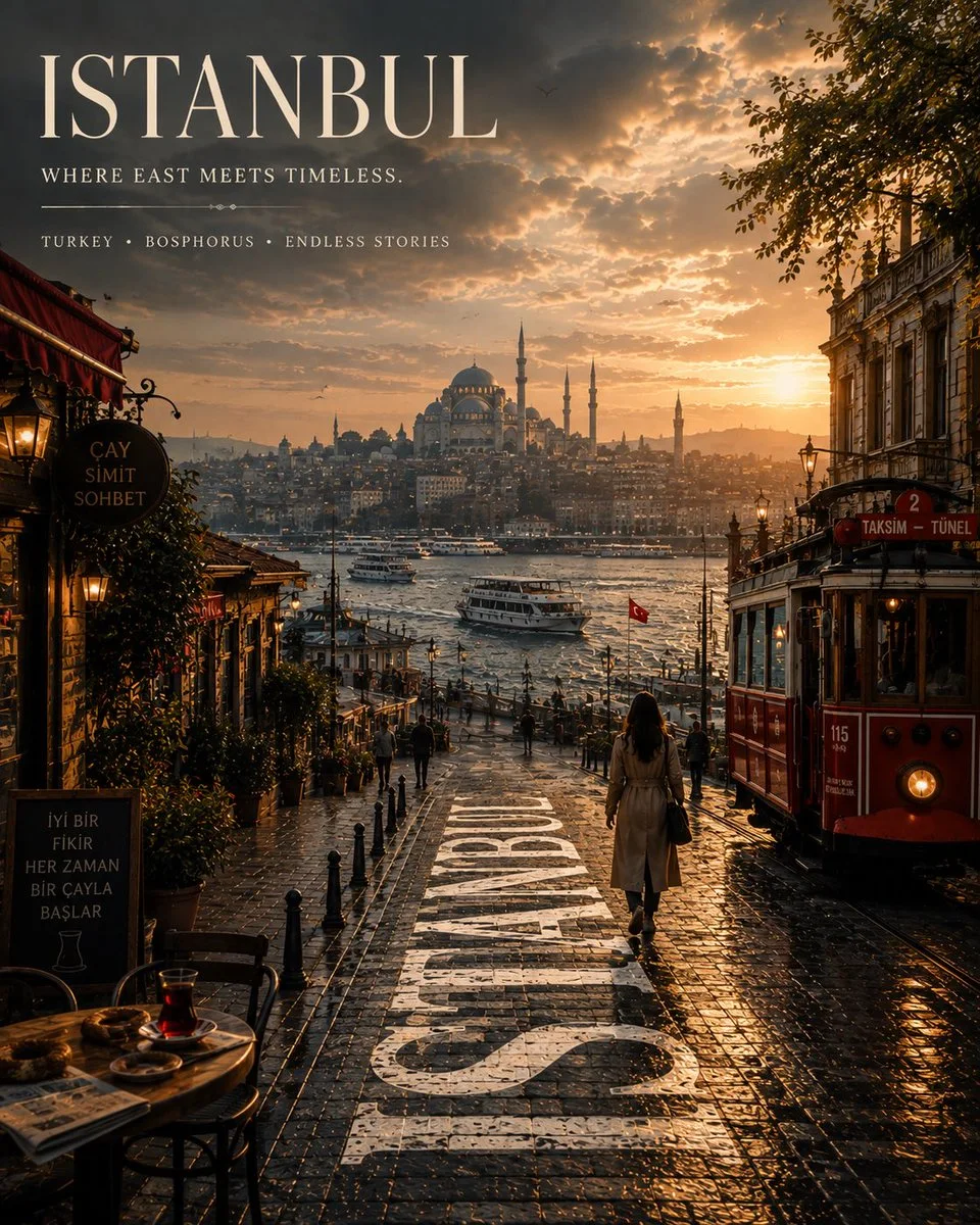 A premium cinematic Istanbul travel poster at sunset, showing mosque domes and minarets over the Bosphorus, tram and waterfront street, warm wet pavement, and giant ISTANBUL lettering painted into the road.