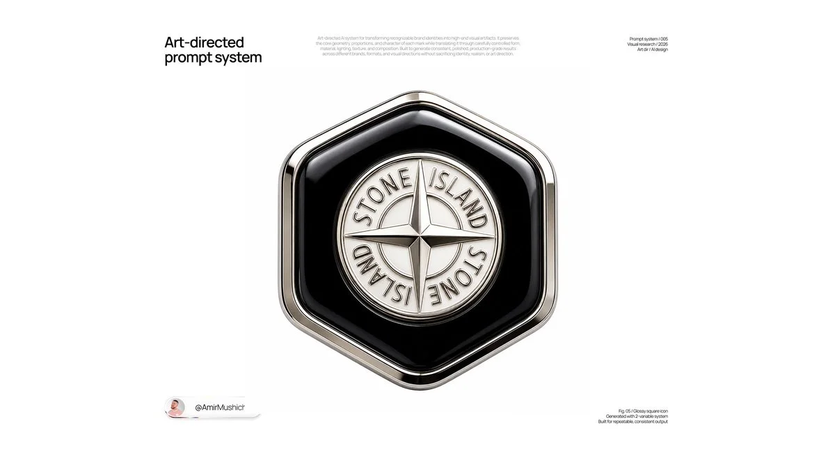 A 1:1 studio CGI visualization of an ornate collectible achievement badge: a rounded hexagonal medallion with a polished metallic frame, accent-color enamel field, and an inset logo container.