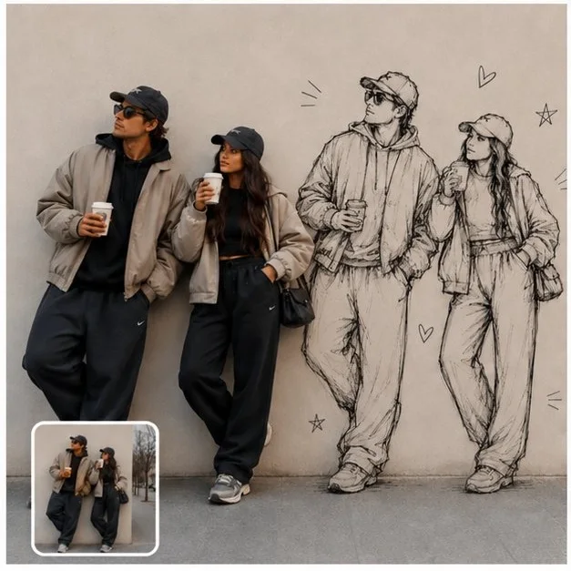 A couple in neutral streetwear holding coffee stands beside a matching hand-drawn pencil sketch of the couple on a beige wall, with doodles and a Polaroid inset.