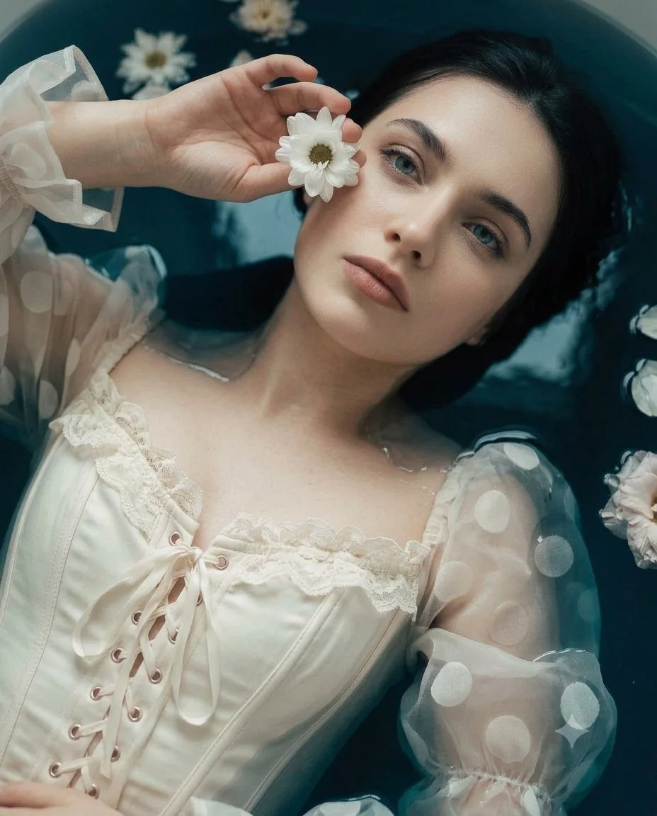A fine-art editorial water portrait variation with cool teal shadows, white flowers, and sheer organza sleeves.
