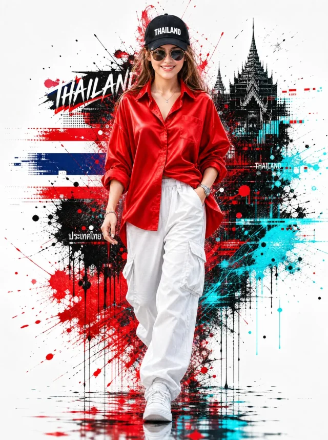 A 9:16 fashion editorial of a young Thai woman in a red satin shirt and white cargo pants on a white background with dramatic red, black, and cyan paint splashes and ink drips.
