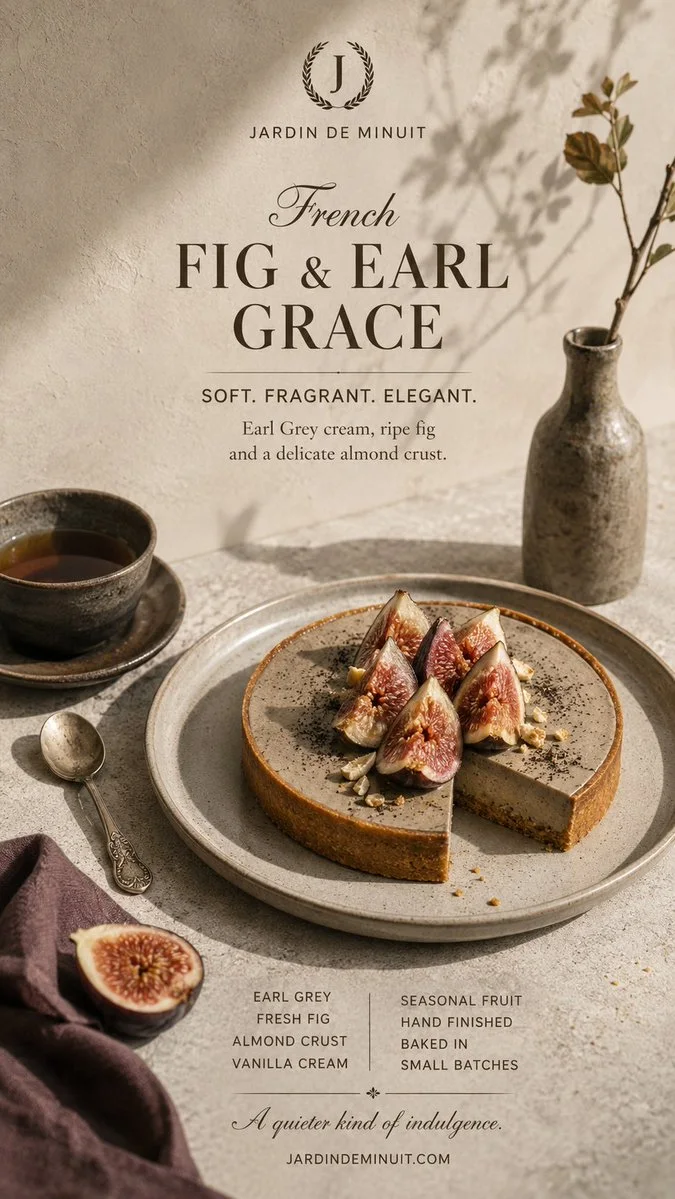 Premium French pâtisserie poster variation featuring an Earl Grey fig tart with elegant typography and food photography.