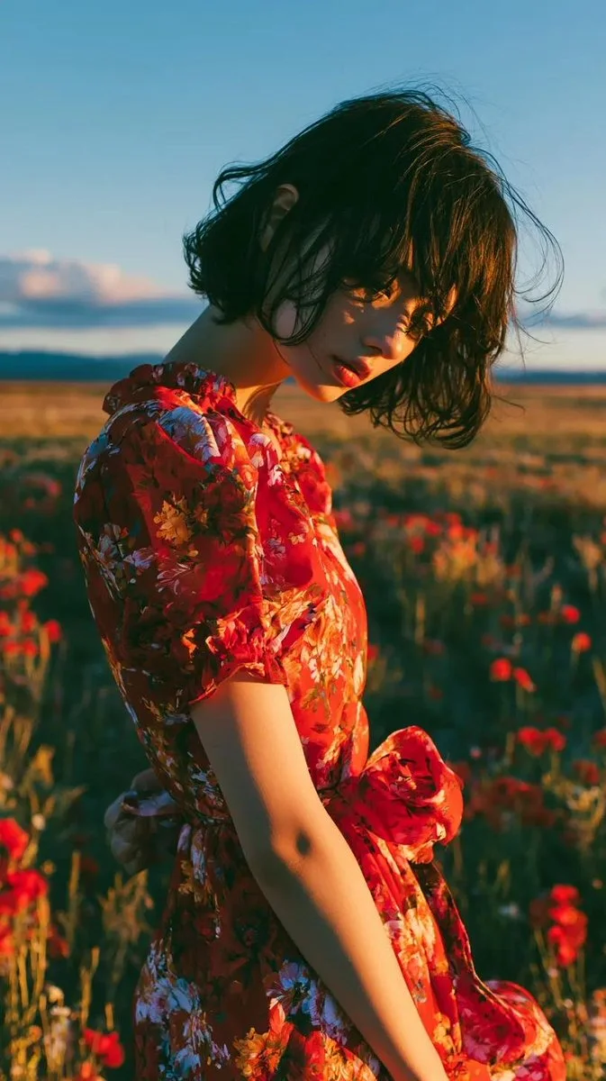 A cinematic fashion portrait variation with a crimson hooded trench coat, windblown bob hair, golden reeds, and distant lake atmosphere.
