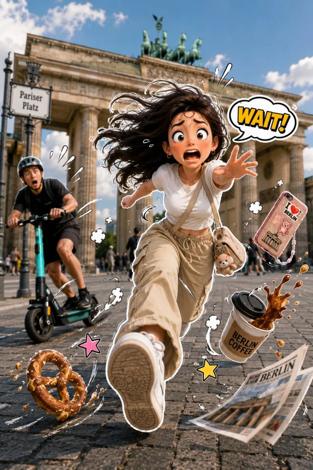 A 3D sticker character sprinting toward the camera in a real photo with comic motion lines, die-cut border, and flying objects.