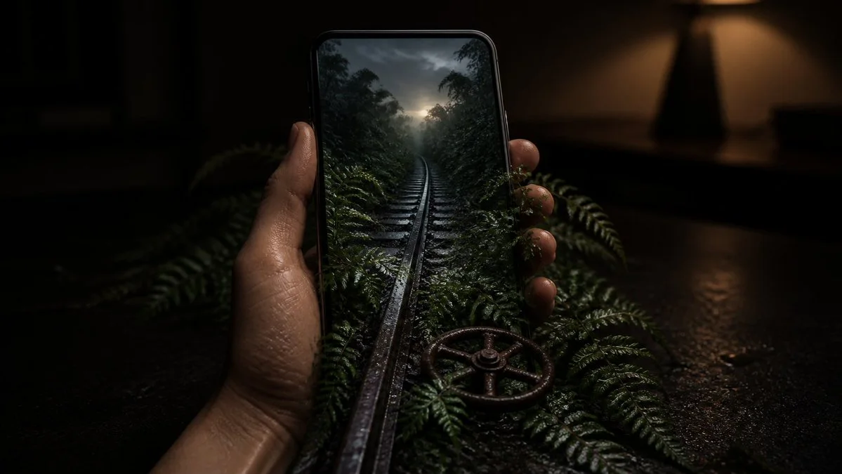 A second frame-escape campaign image where the product breaks through its ad surface boundary.