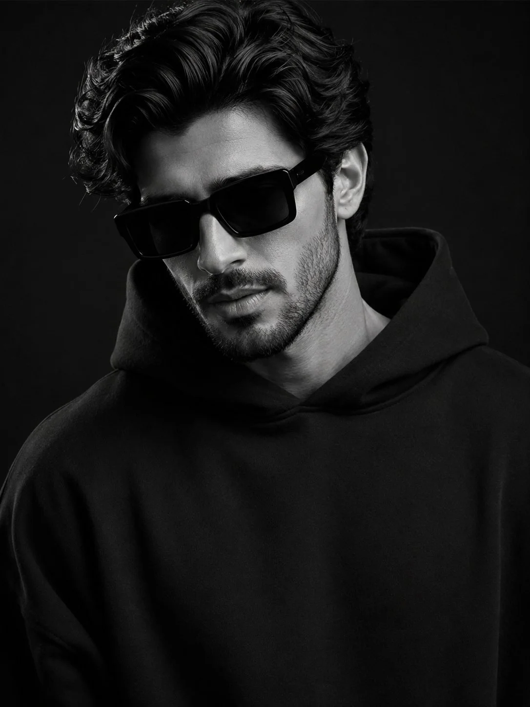 An ultra-realistic monochrome studio portrait of a rugged bearded man in an oversized black hoodie with matte black sunglasses against a seamless black backdrop.