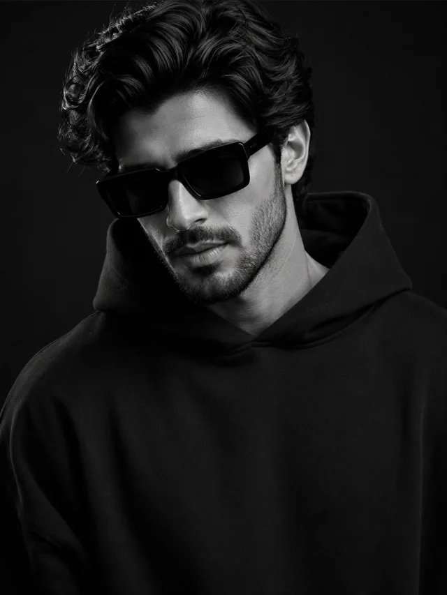 An ultra-realistic monochrome studio portrait of a rugged bearded man in an oversized black hoodie with matte black sunglasses against a seamless black backdrop.