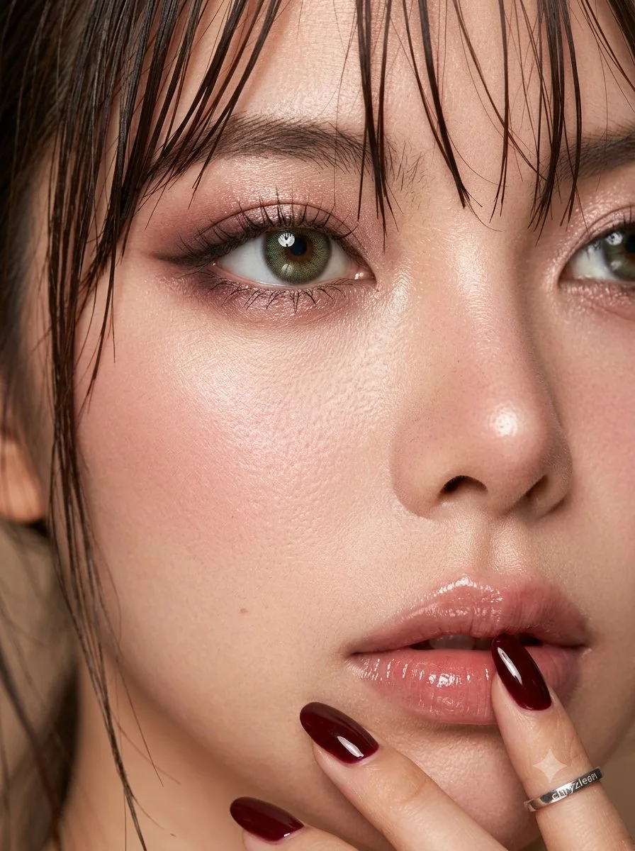 An ultra-realistic wet-hair macro beauty portrait showing a tight facial crop with green-hazel eyes, champagne-pink smoky eye makeup, glossy lips, burgundy nails, and fingertips near the mouth.
