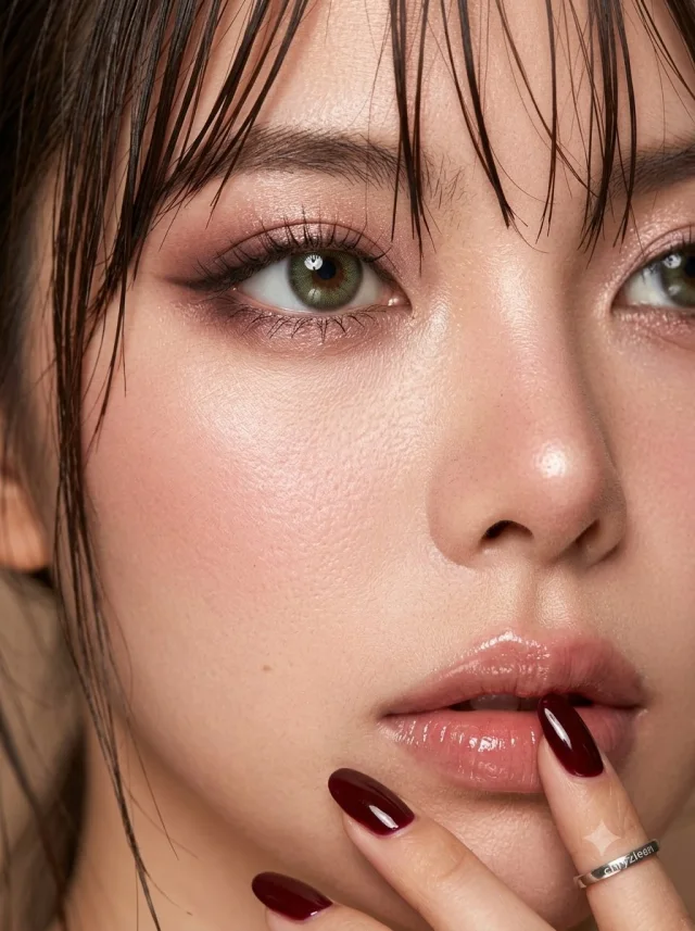 An ultra-realistic wet-hair macro beauty portrait showing a tight facial crop with green-hazel eyes, champagne-pink smoky eye makeup, glossy lips, burgundy nails, and fingertips near the mouth.