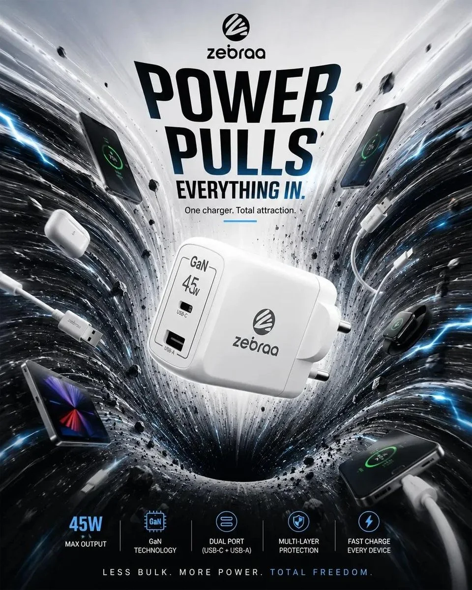 A product-has-gravity campaign poster variation with orbiting use-case objects and cinematic commercial lighting.