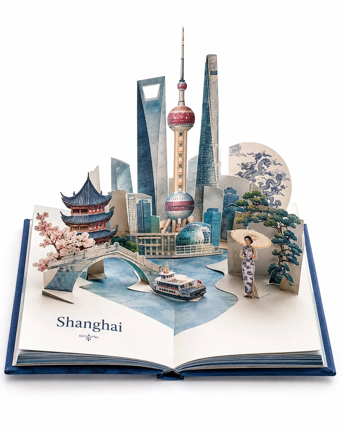 A premium travel pop-up book showing a beautiful sculptural paper representation of Paris, France unfolding from open flat storybook pages.