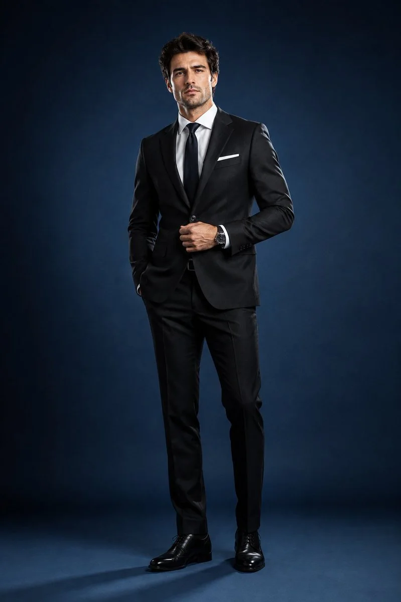 A full-body high-end studio portrait of a handsome European man in a tailored black suit, white shirt, black tie, polished black shoes, and wristwatch standing against a seamless deep-blue background.