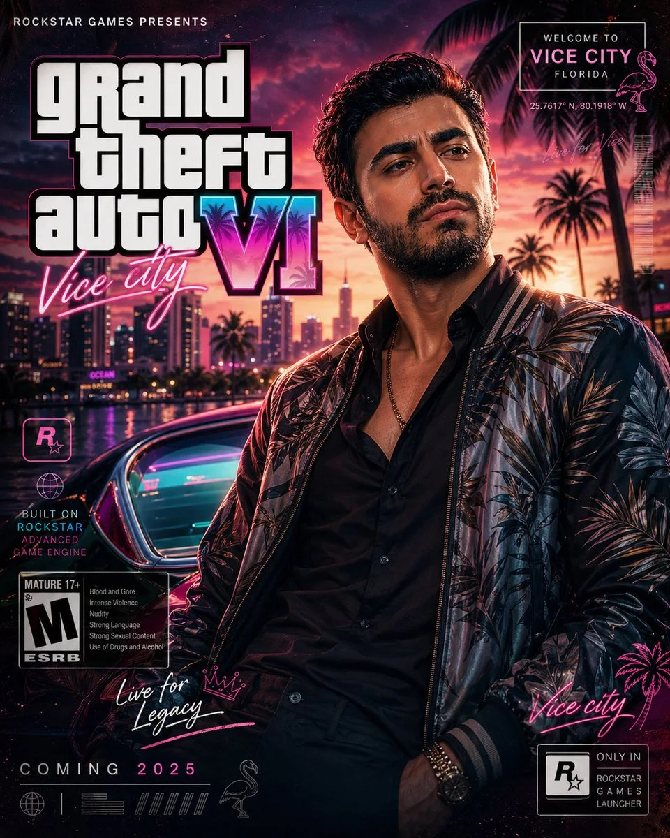 A tropical-modern city nightlife poster with dramatic shadows, graffiti accents, and a charismatic confident subject.