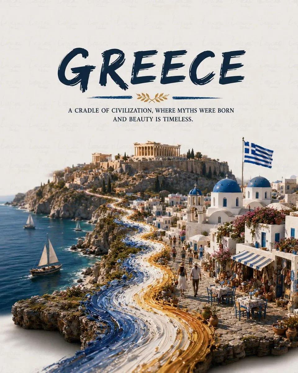 A travel poster variation with bold national name, emblem divider, and a stone diorama tile of landmarks with a flag-paint cascade.