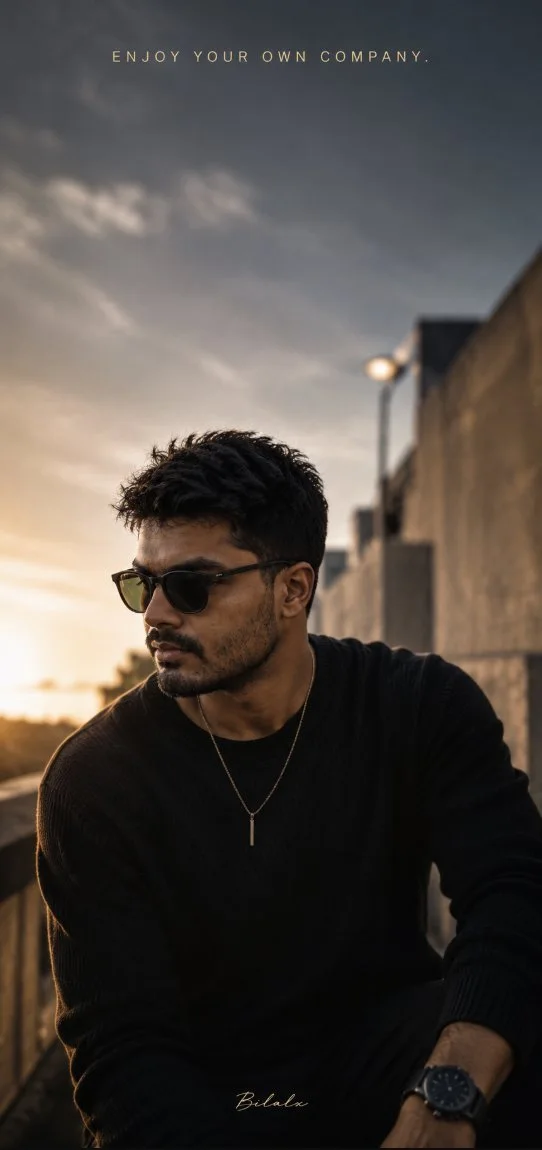 A 9:16 cinematic golden-hour rooftop portrait of a young man in a black knit sweater and sunglasses with "ENJOY YOUR OWN COMPANY." text at the top and a tiny "Bilalx" signature at the bottom.