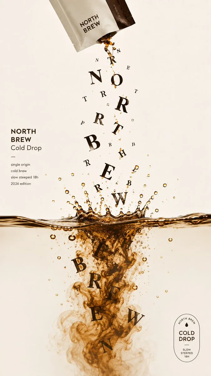A 9:16 experimental poster where a coffee pouch pours letters into a dark coffee liquid with bubbles.