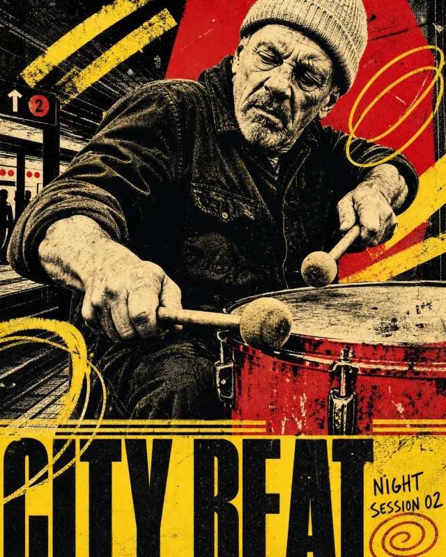 A gritty four-ink halftone screen-print poster titled CITY BEAT, showing an older street drummer mid-action with black posterized portrait, scarlet spotlight shape, chrome-yellow bars, scribbles, and aged bone paper texture.