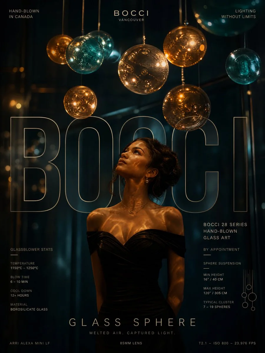A dark Bocci campaign poster featuring a woman beneath glowing amber and teal blown-glass spheres with oversized outline typography.