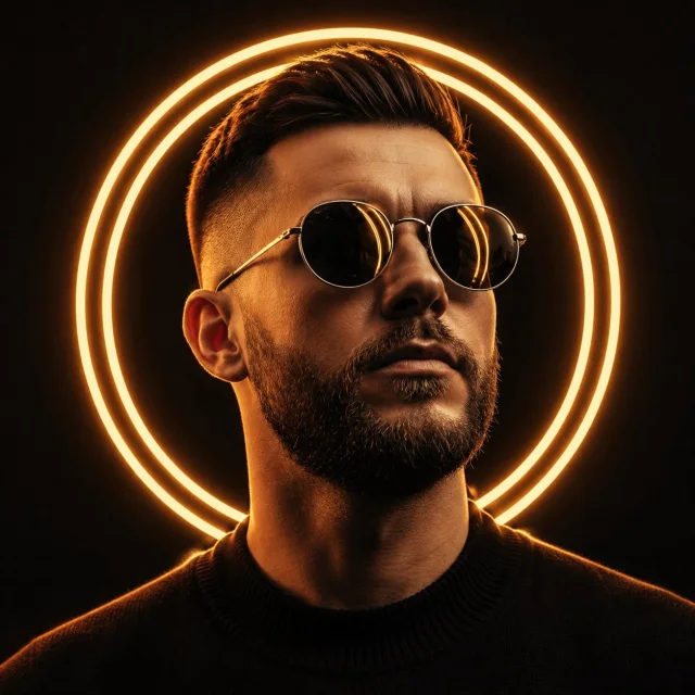 A cinematic 1:1 close-up portrait of a young man with aviator glasses and a dark sweater, a large glowing double neon ring behind his head like a halo, on a deep black background with strong rim lighting.
