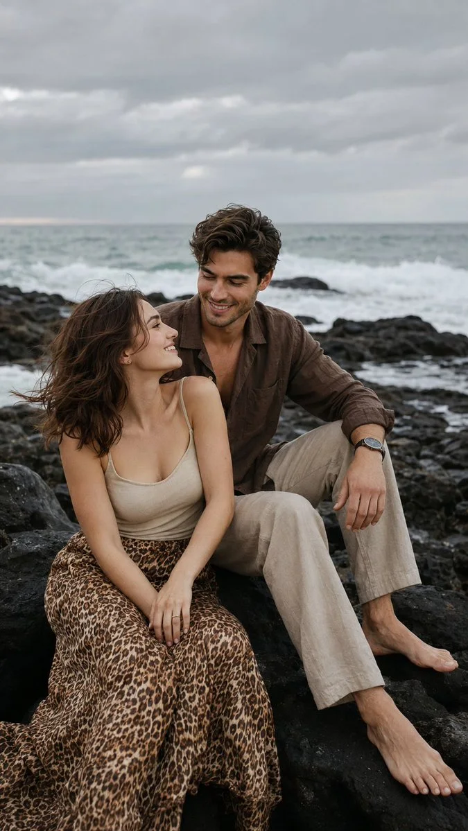 Romantic seaside couple portrait on black volcanic rocks with the woman in a beige tank top and leopard-print skirt laughing up at the man.