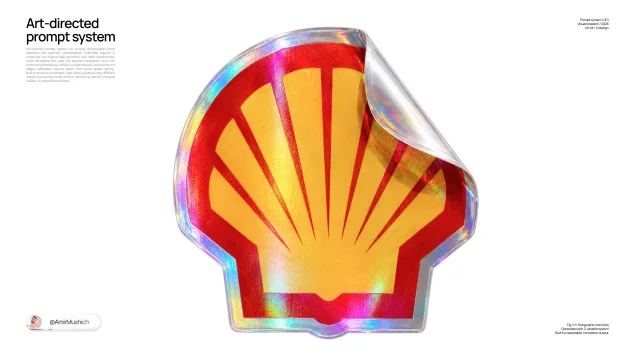 A Shell logo rendered as a glossy die-cut holographic vinyl sticker with a peeled corner on a white studio background.
