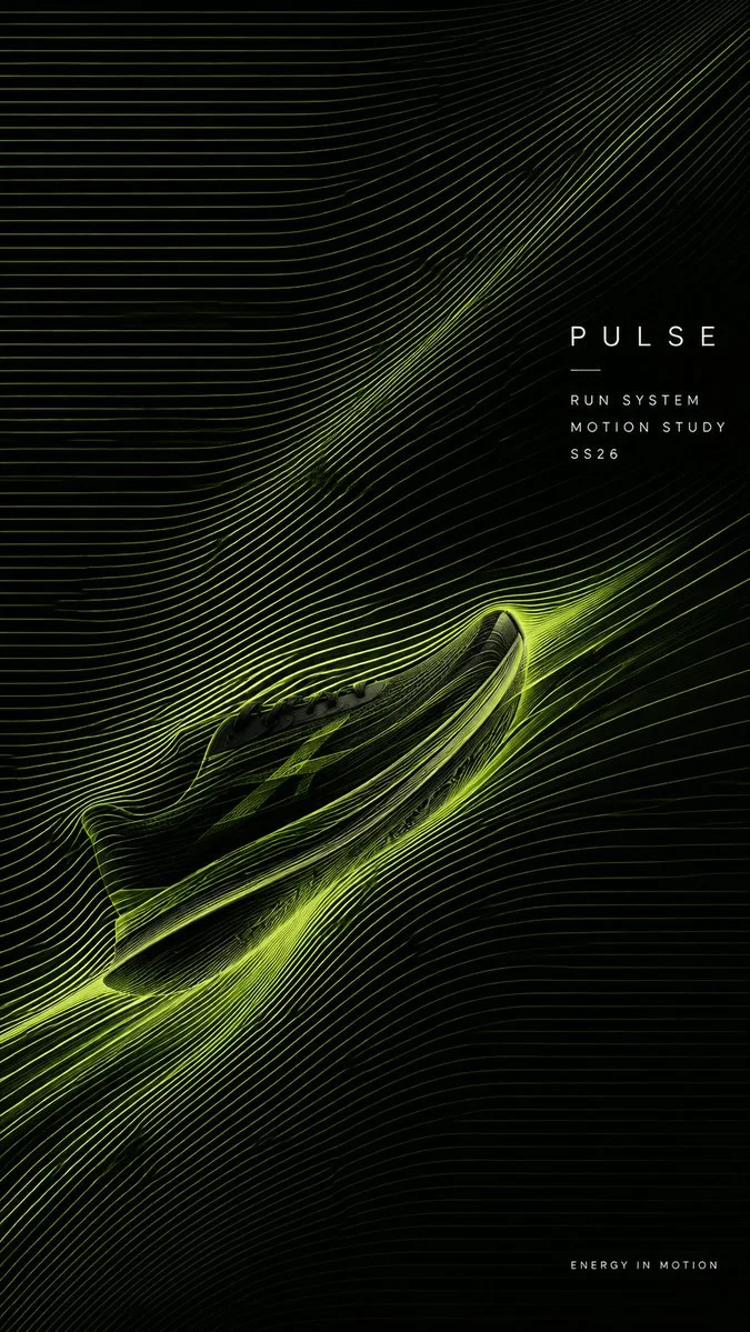 A black and neon-green PULSE op-art poster where diagonal raster lines bend around a running shoe to create a velocity field, with small Motion Study typography.