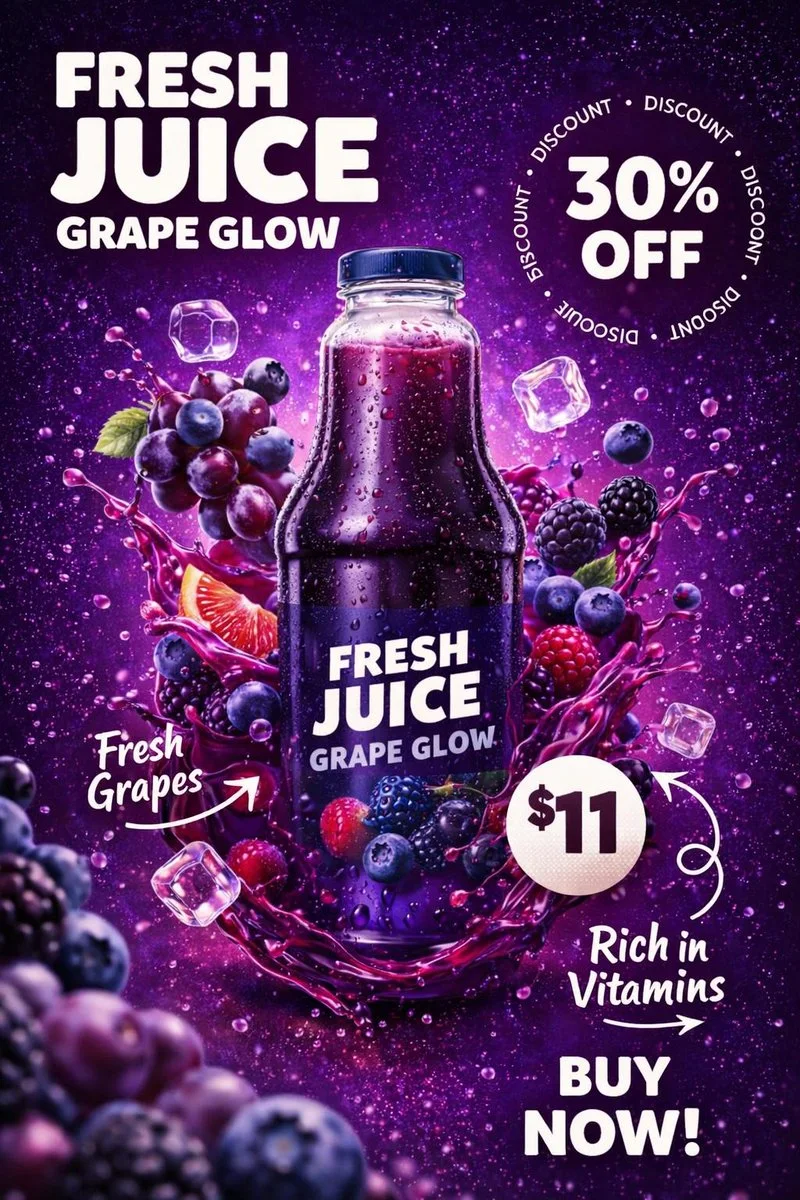 A vertical fresh juice advertising poster variation with centered bottle, floating fruit, splash wrap, offer badge, price circle, and doodle arrows.