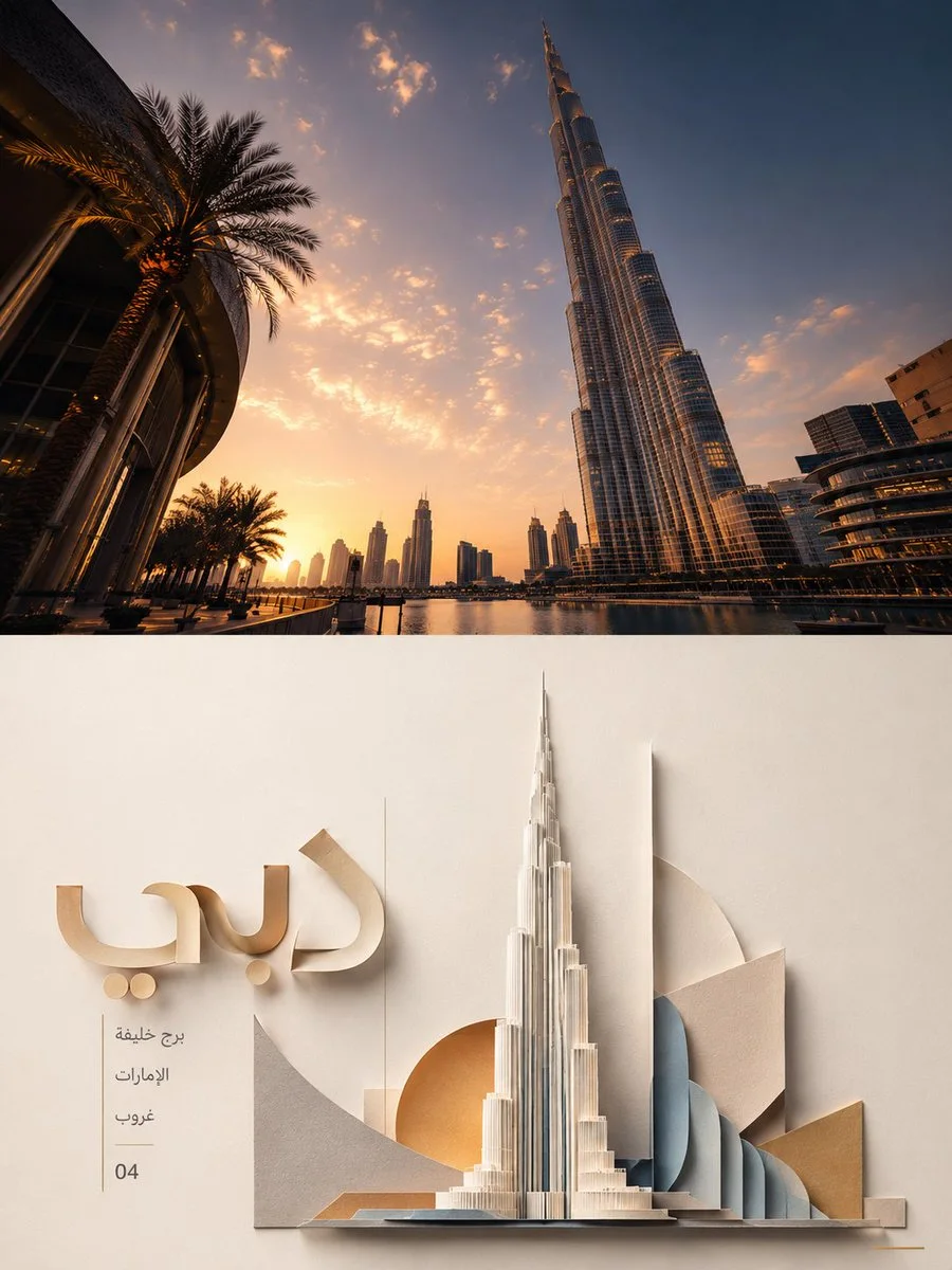 A 3:4 poster with Burj Khalifa photo on top and a folded paper-sculpture Dubai skyline/Burj Khalifa composition with Arabic typography below.