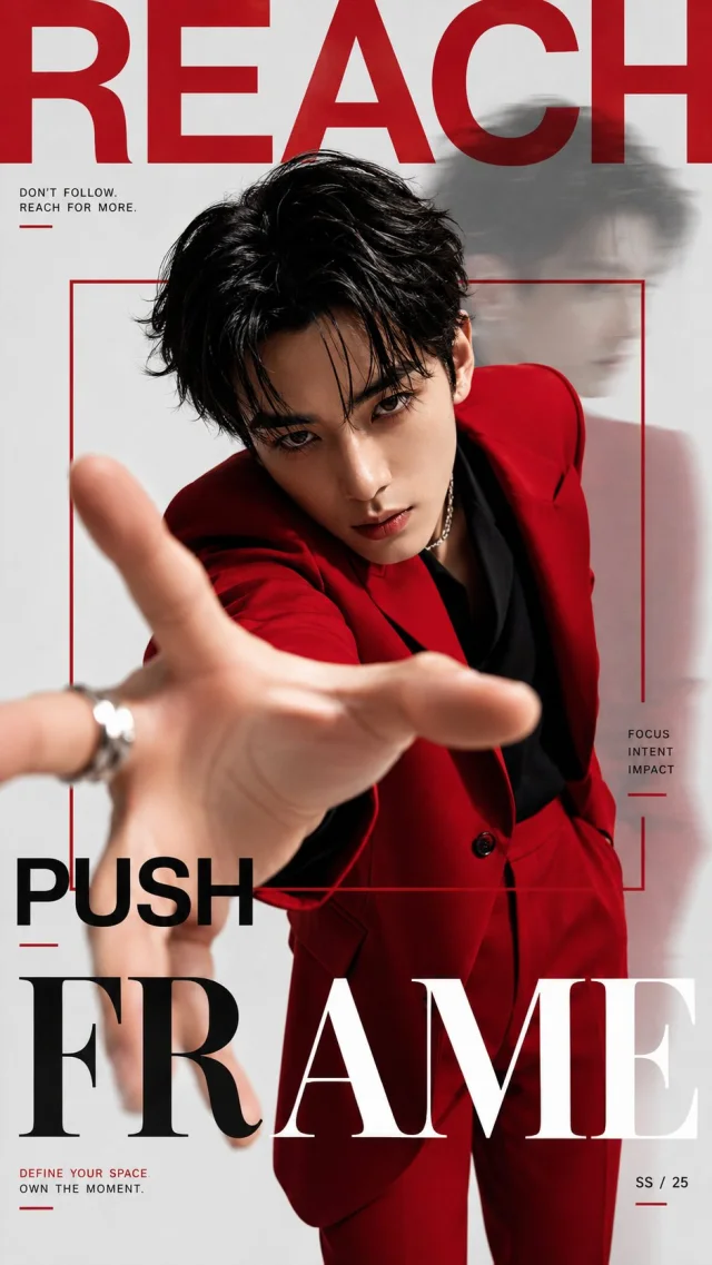 A Scarlet Index poster titled PUSH FRAME showing a male model in a red suit reaching toward the camera with oversized red and black typography and white editorial background.