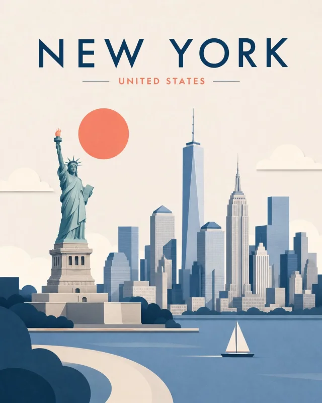 A minimal layered cutout travel poster for New York, United States, with Statue of Liberty, skyline, sailboat, large sun, and elegant destination typography.
