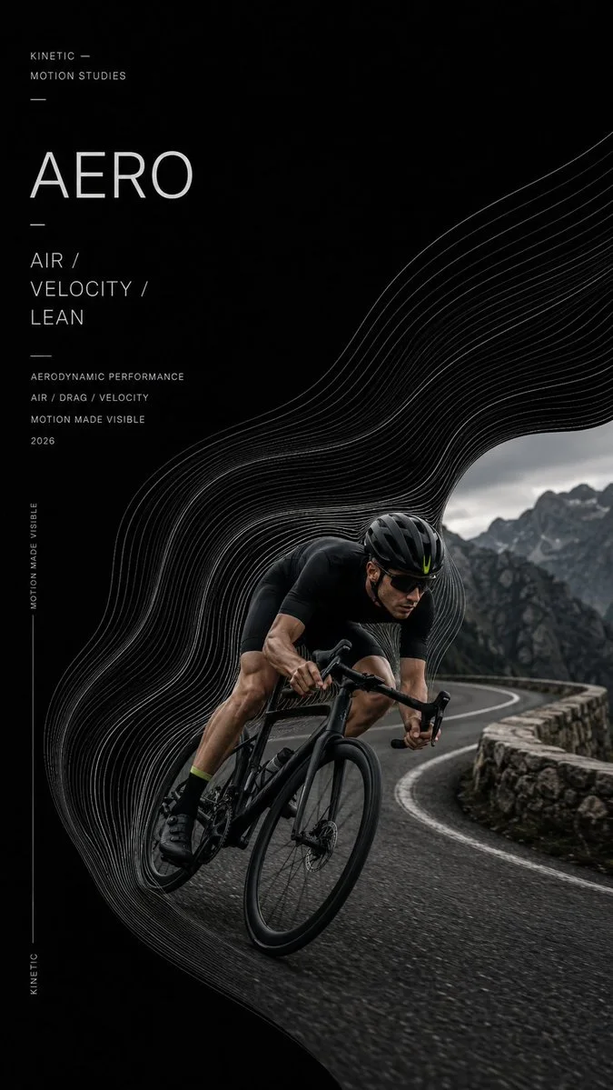 A 9:16 sports editorial poster of a cyclist with airflow lines bending around the rider.