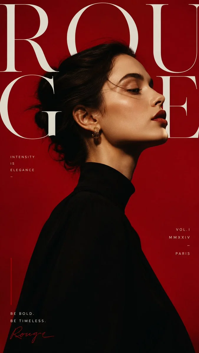 A Scarlet Index poster titled ROUGE with a profile fashion portrait integrated with oversized type in a red, black, and white graphic layout.