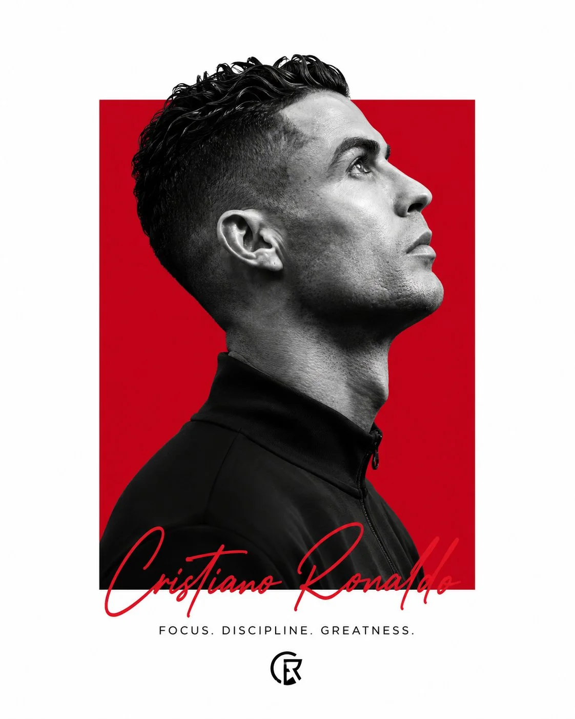 A minimalist editorial portrait poster of a B&W side profile inside a vivid crimson red block with white negative space and crimson signature typography.