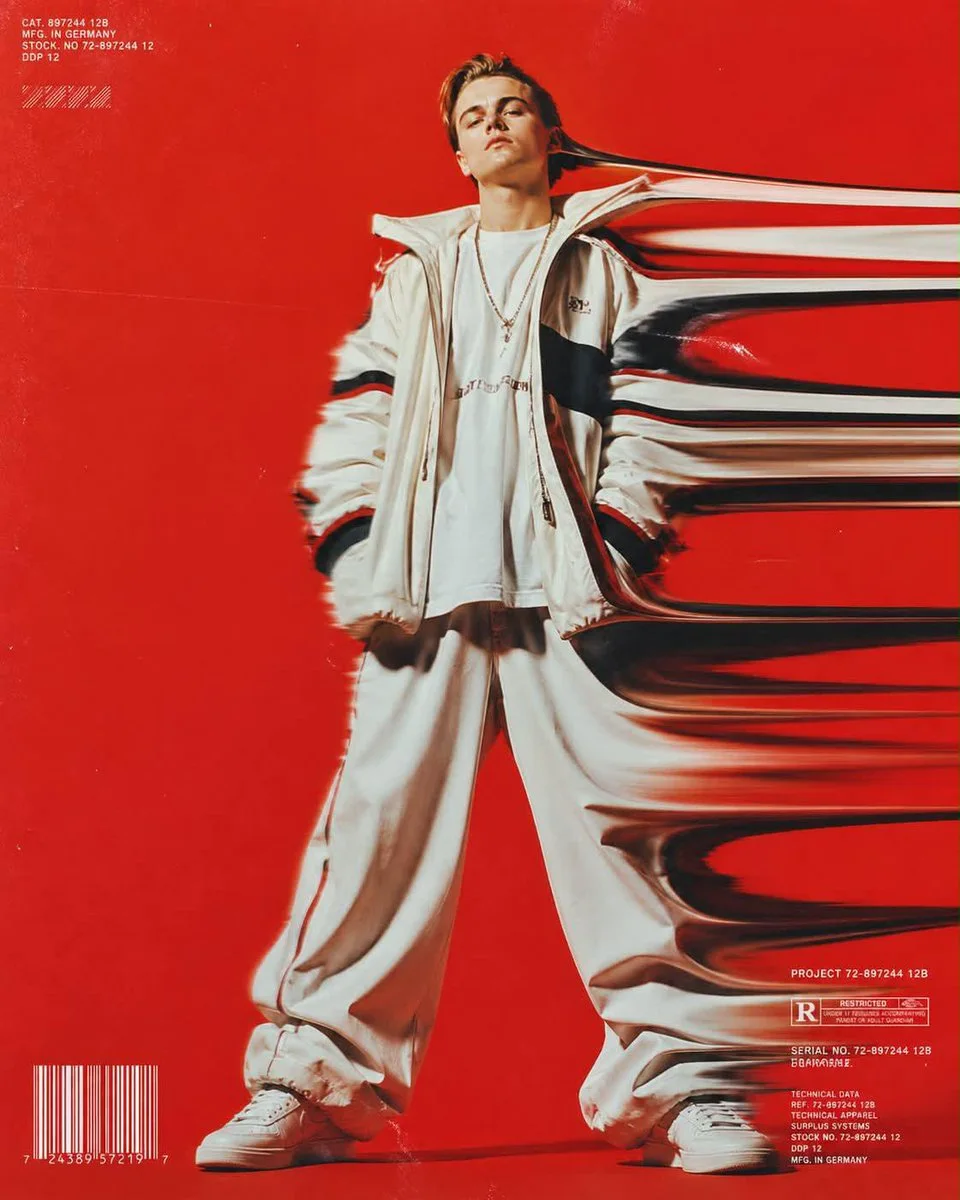 A crimson sports-fashion poster of a young male model in white tracksuit styling with horizontal digital speed distortion pulling his jacket and silhouette to the right, plus small technical markings and barcode elements.