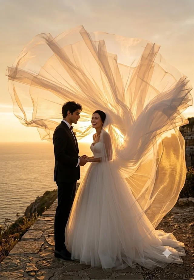 Golden-hour outdoor wedding portrait with bride and groom on a clifftop and a huge wind-blown white dress and veil.