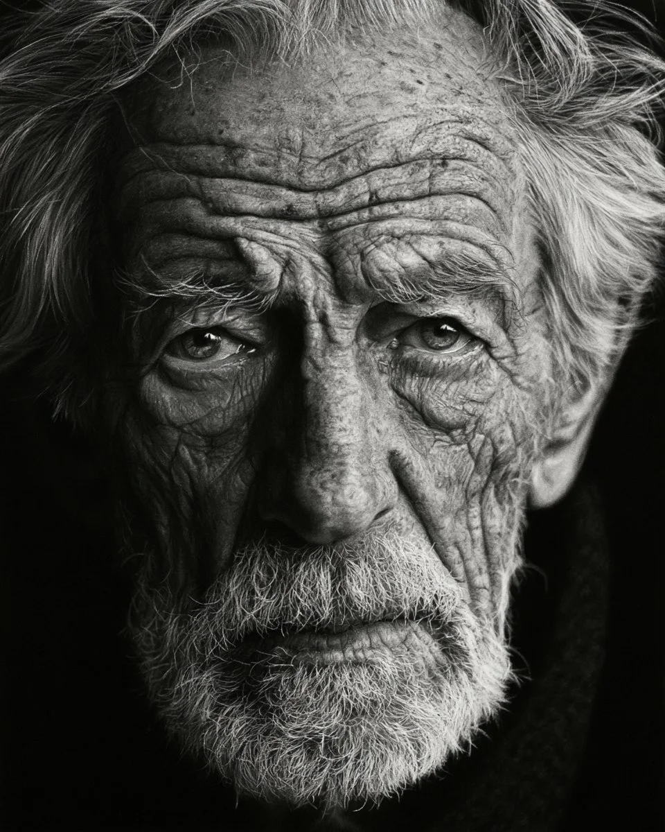 A grayscale charcoal-intensity portrait of an elderly bearded man with deep wrinkles and dramatic shading.