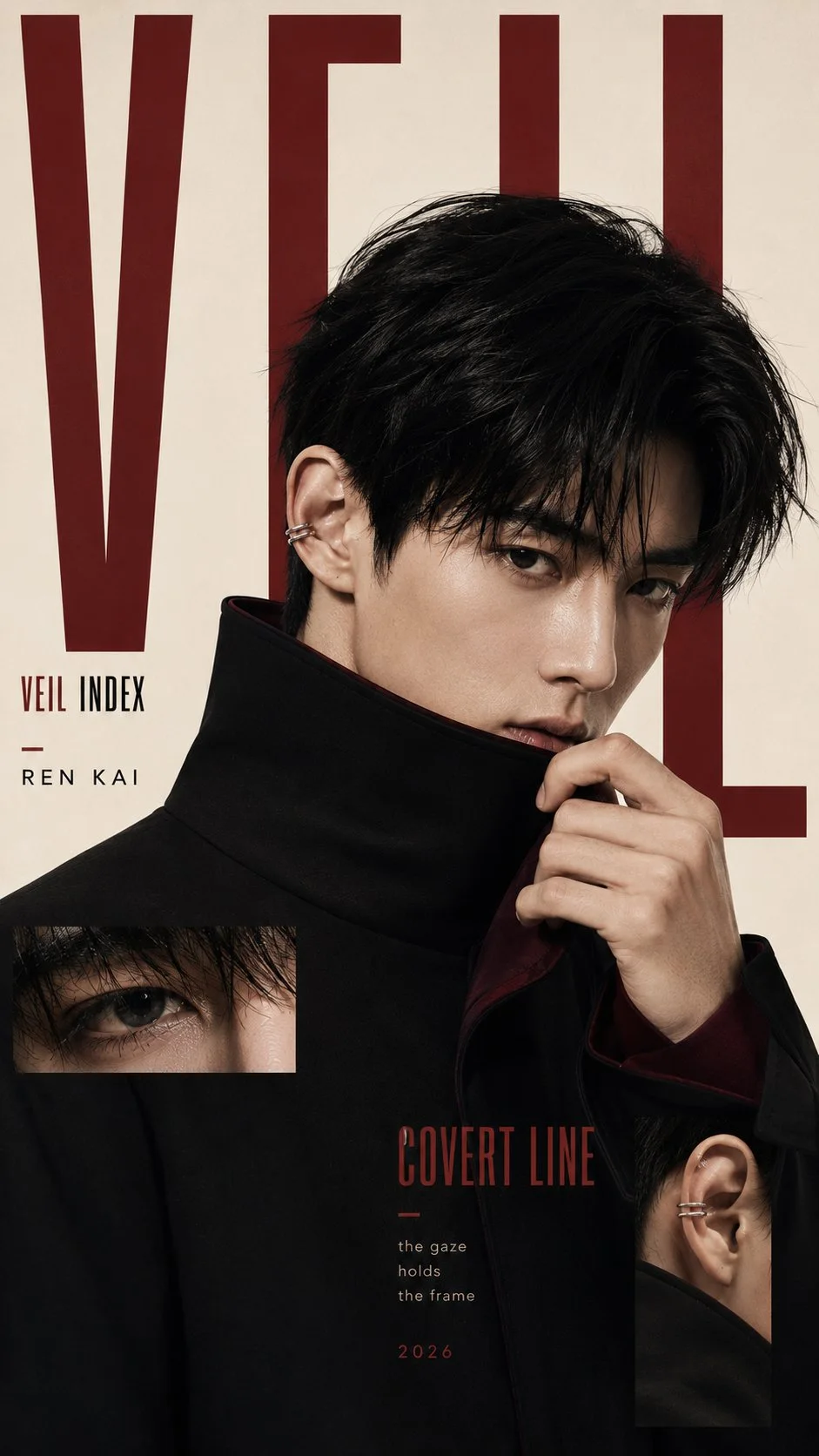 A Veil Index poster showing a young East Asian male character in a structured black high-collar coat with burgundy typography, close-up inset details, and refined fashion-campaign layout.