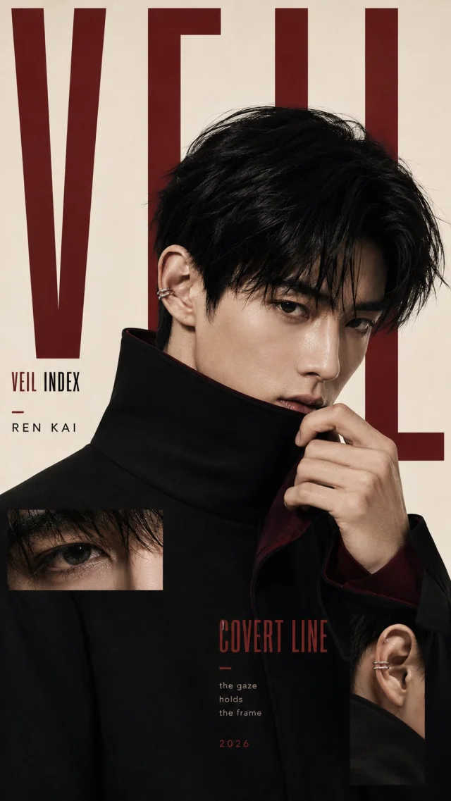 A Veil Index poster showing a young East Asian male character in a structured black high-collar coat with burgundy typography, close-up inset details, and refined fashion-campaign layout.