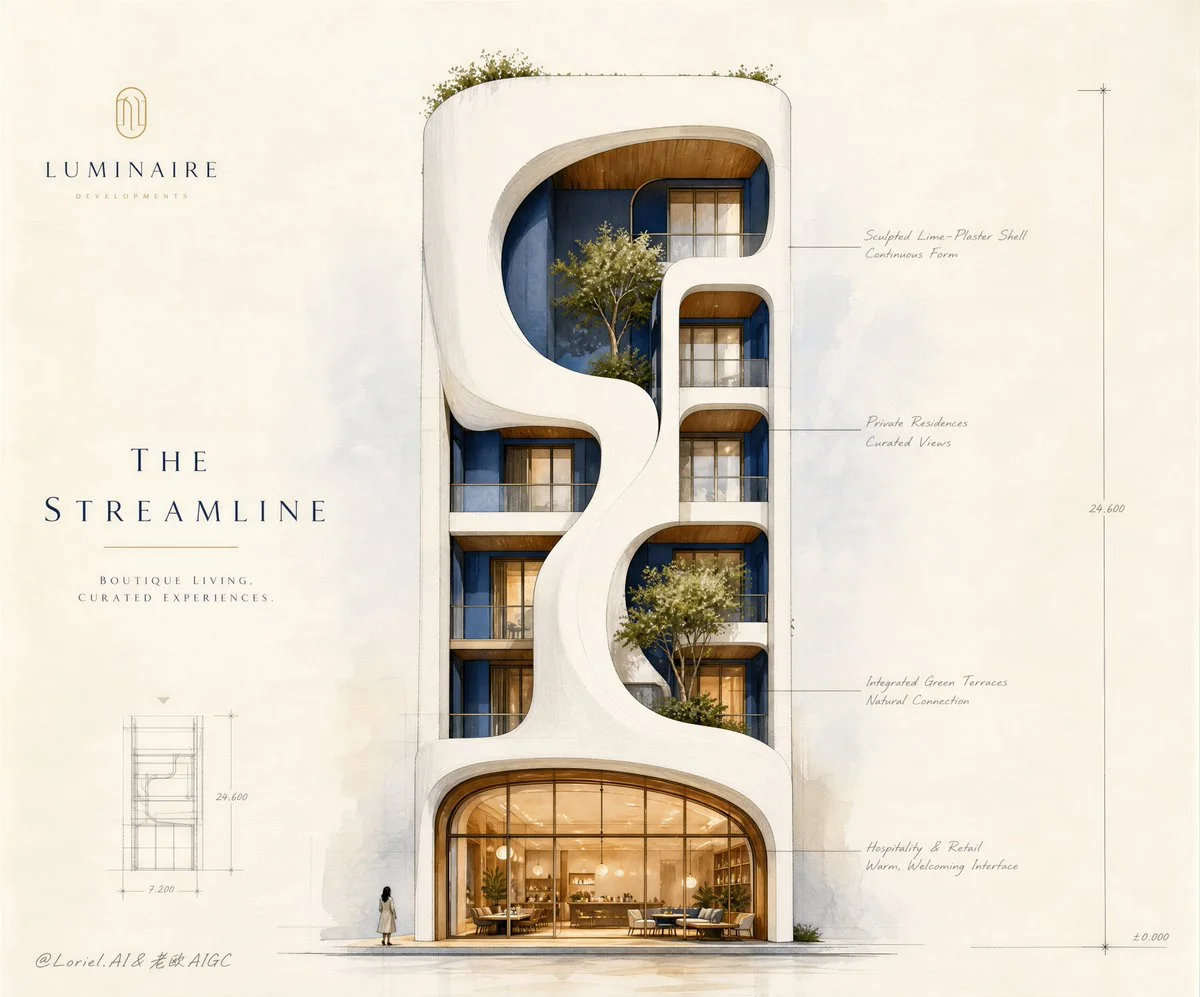 A second watercolor architectural sales poster showing a memorable sculptural building facade study with minimal technical notation.