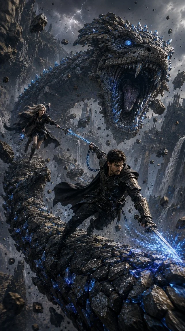 A 9:16 dark fantasy action-adventure poster with two heroes running on a gigantic ancient stone serpent above a collapsing canyon, blue crystal energy, flying debris, waterfalls, and storm lighting.