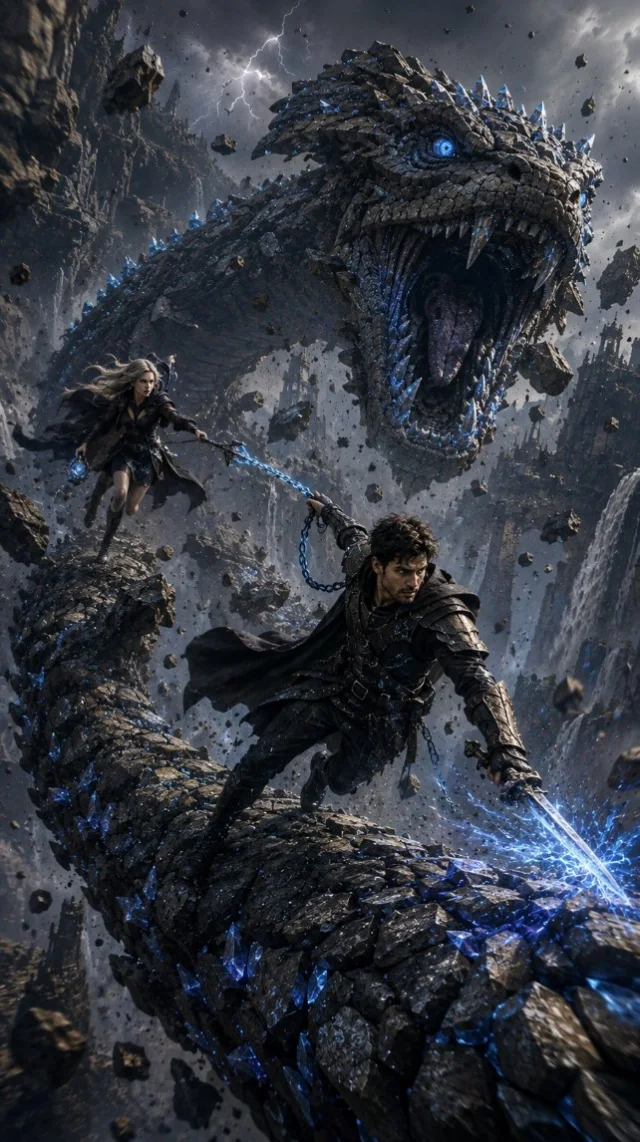 A 9:16 dark fantasy action-adventure poster with two heroes running on a gigantic ancient stone serpent above a collapsing canyon, blue crystal energy, flying debris, waterfalls, and storm lighting.