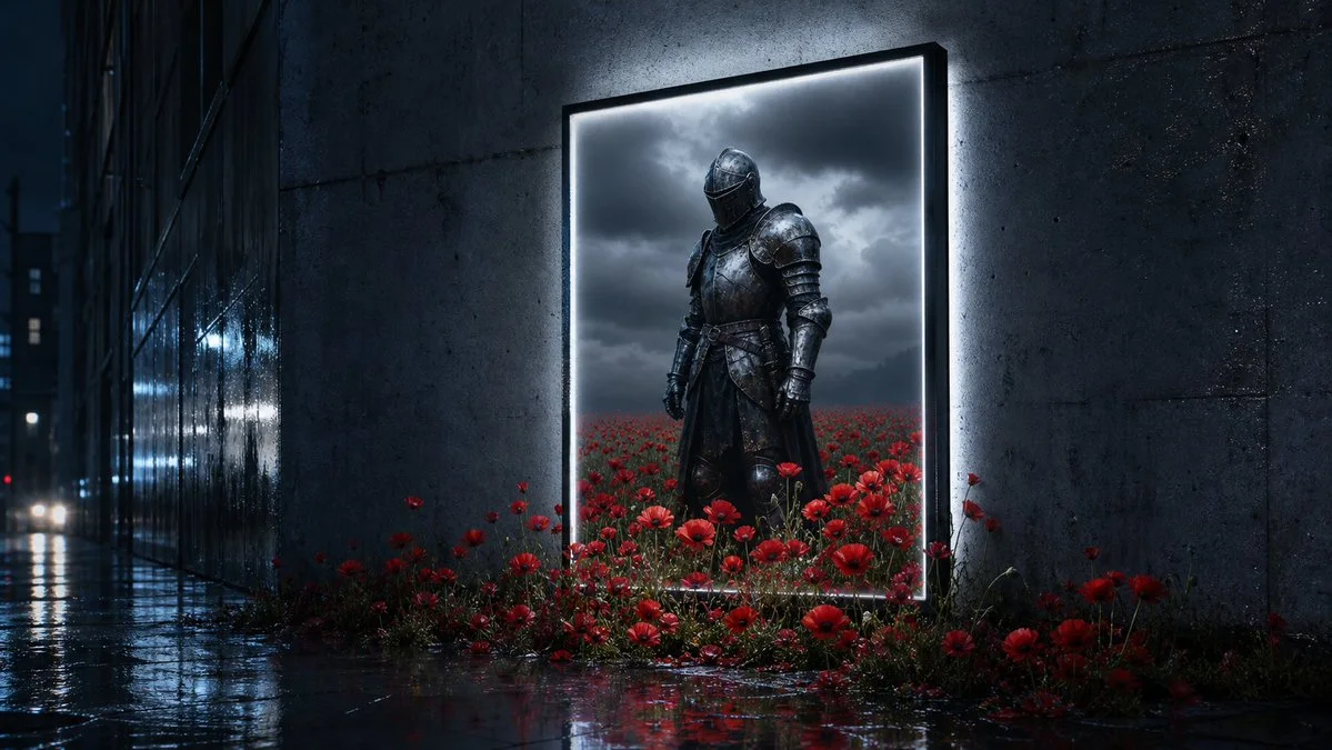 A third frame-escape campaign image where the product escapes its framed ad into real space.