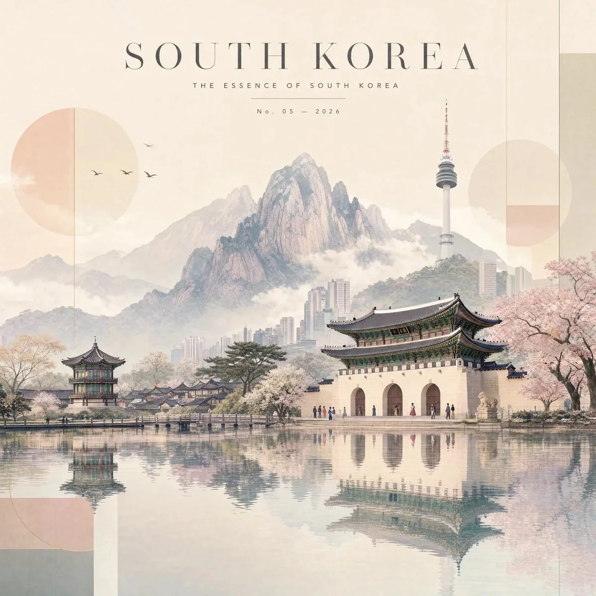 A premium 4:5 minimalist travel artwork of France with the Eiffel Tower and Haussmann rooftops reflected in soft ivory and pink.