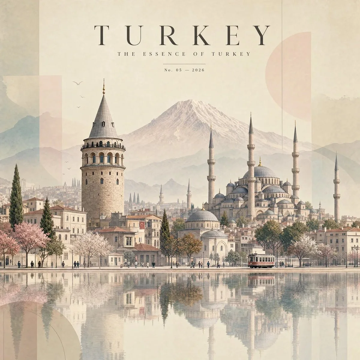 A premium 4:5 minimalist travel artwork of India with the Taj Mahal and arches reflected in muted pastel tones.