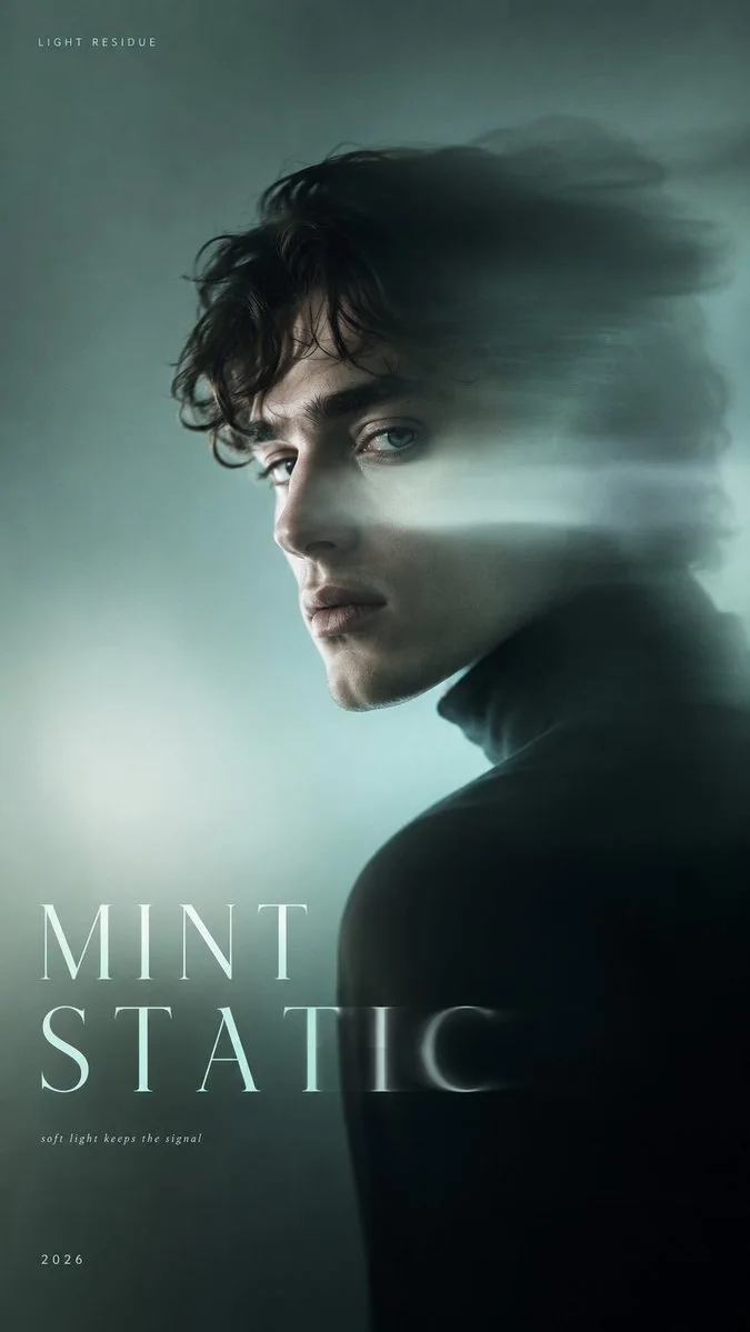 A Light Residue poster titled MINT STATIC showing a quiet male portrait dissolving into mint-colored haze and directional blur while one eye remains visible.