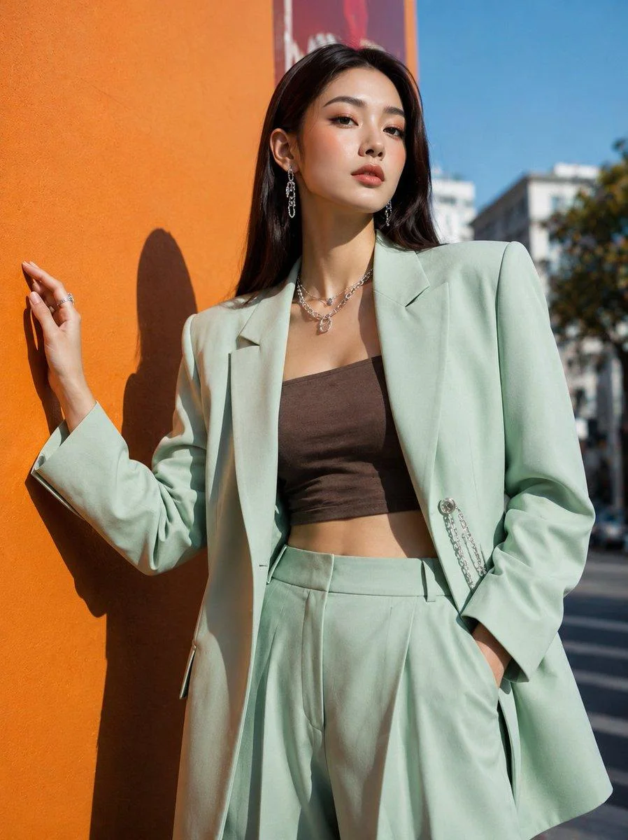 A Korean street-fashion editorial portrait of a young woman posing beside a bold orange wall under bright sun, wearing an oversized pastel mint green blazer and matching trousers over a dark brown cropped tube top, with silver earrings and necklaces, slee