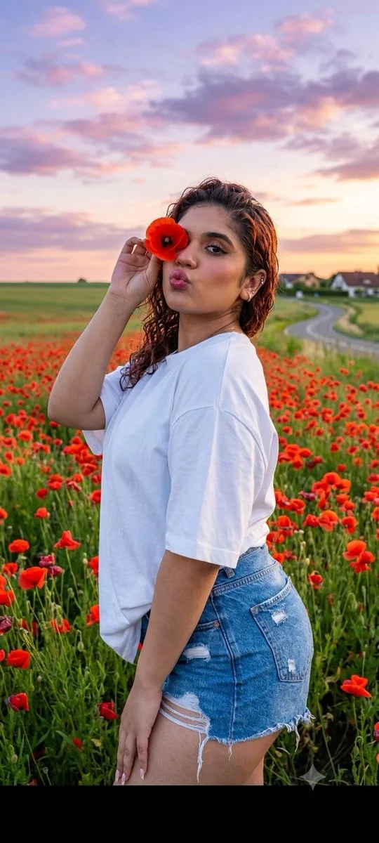 A second golden-hour poppy-field portrait of the same woman holding a flower, leaning toward the camera.